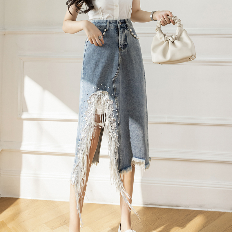 Denim Skirt Midi Vintage - Vintage S-5XL bölünmüş inci boncuklu Denim