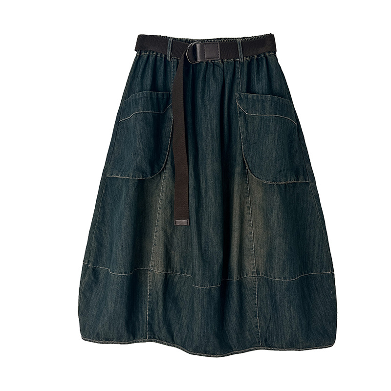 Denim Skirt Midi Vintage - Büyük Boy Kot Etek Kemerli Kadın