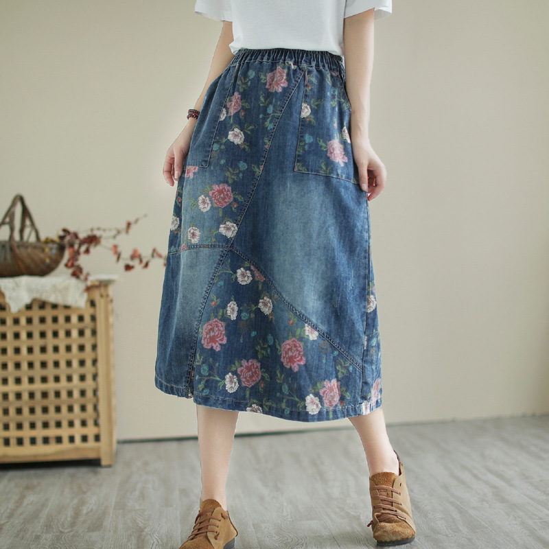 Denim Skirt Midi Vintage - Japon Vintage Mori Kız Çiçek Baskı